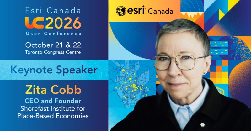 Visuel de la Conférence des utilisateurs d’Esri Canada 2026 présentant un portrait de Zita Cobb, ainsi que des renseignements sur l’événement, où elle sera conférencière principale.