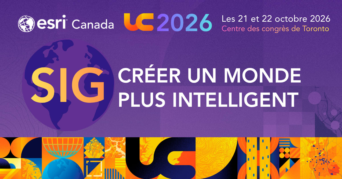 Visuel promotionnel de la Conférence des utilisateurs d’Esri Canada présentant le thème « Les SIG : Créer un monde plus intelligent ».