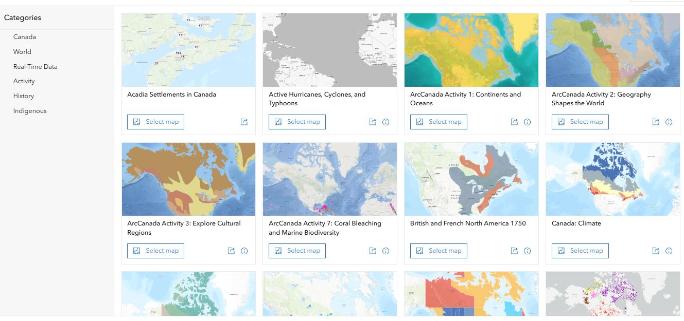 A page with thumbnails showing maps to choose from in Canada.