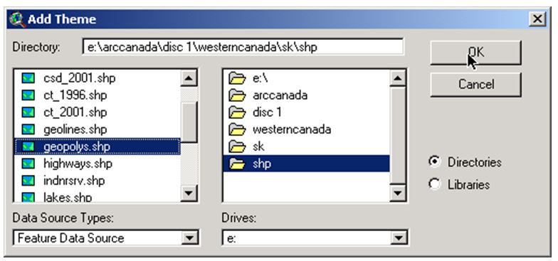 A dialog box in ArcView 3x showing how to access ArcCanada data from disc 1.