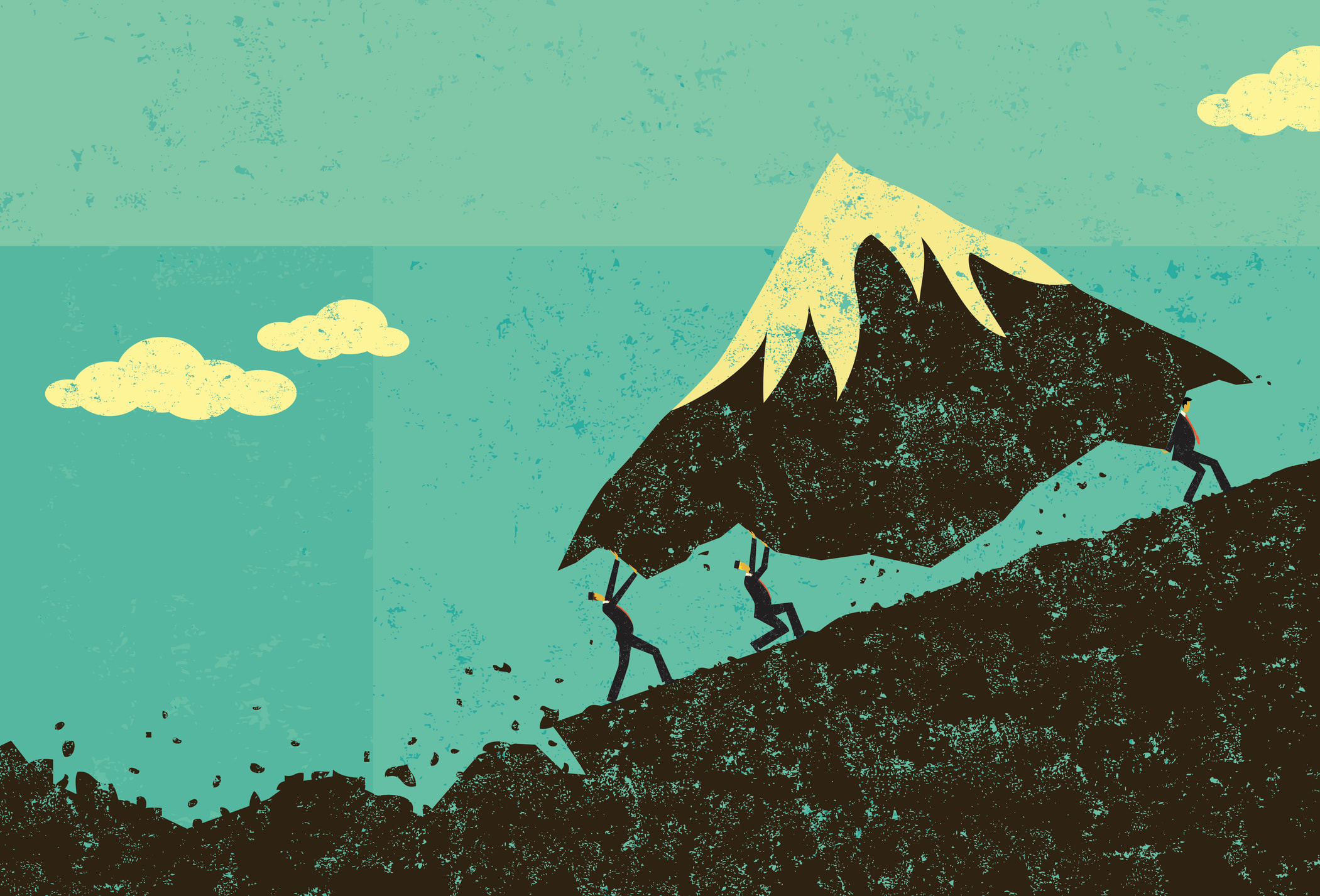 An illustration of three people in suits struggling to carry the top of a mountain up a hill.     