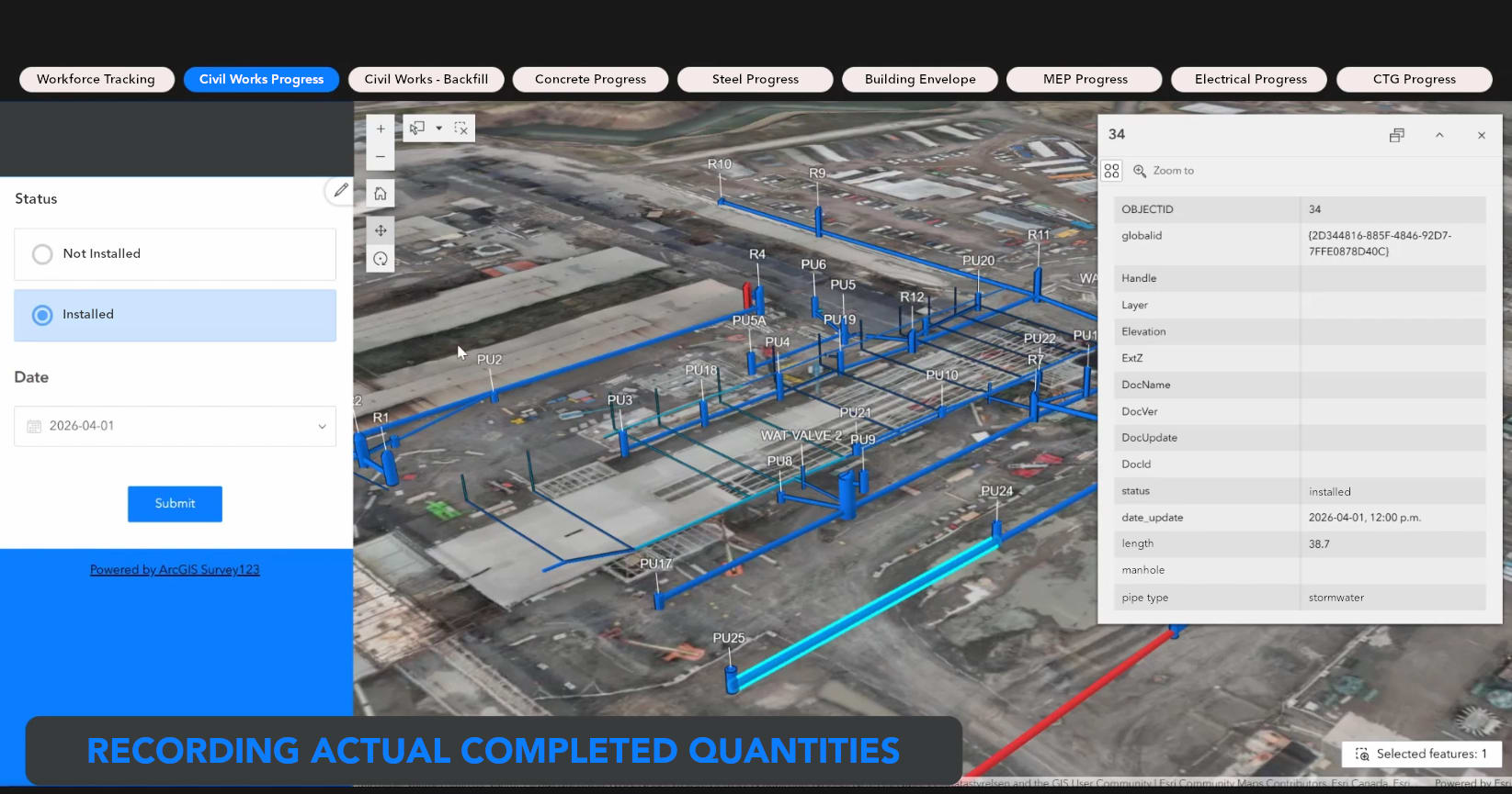 Digital Construction Hub interface showing blue drainage pipes overlaid on aerial site imagery, with controls for recording installation status and completion date.