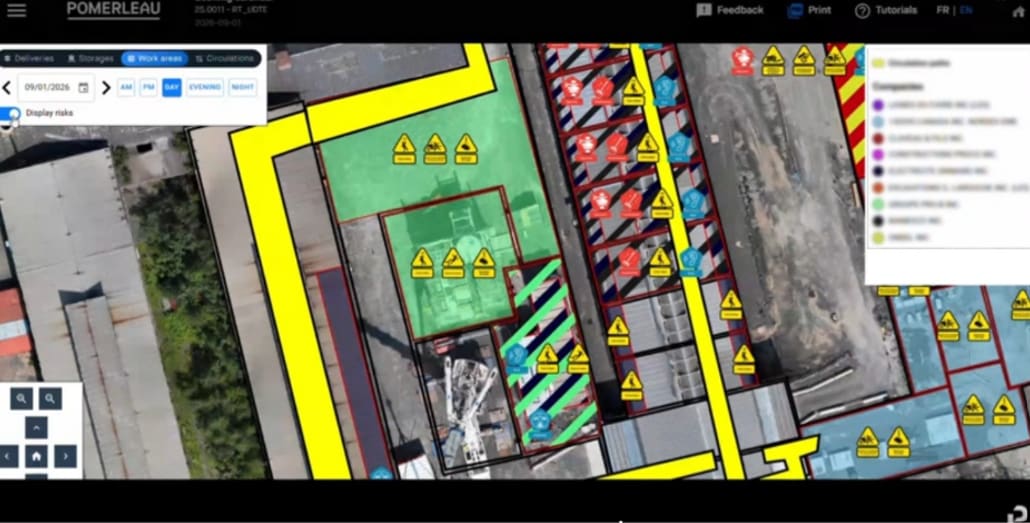 Aerial construction site map with colour-coded and crosshatched work zones, plus symbols marking safety risks throughout the site.
