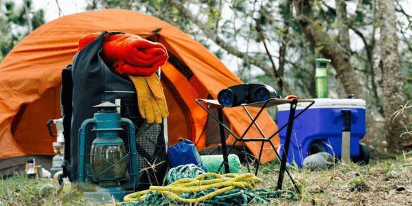camping supplies in front of camping tent