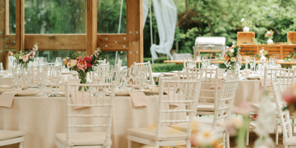 table decorated for dinner at wedding reception 
