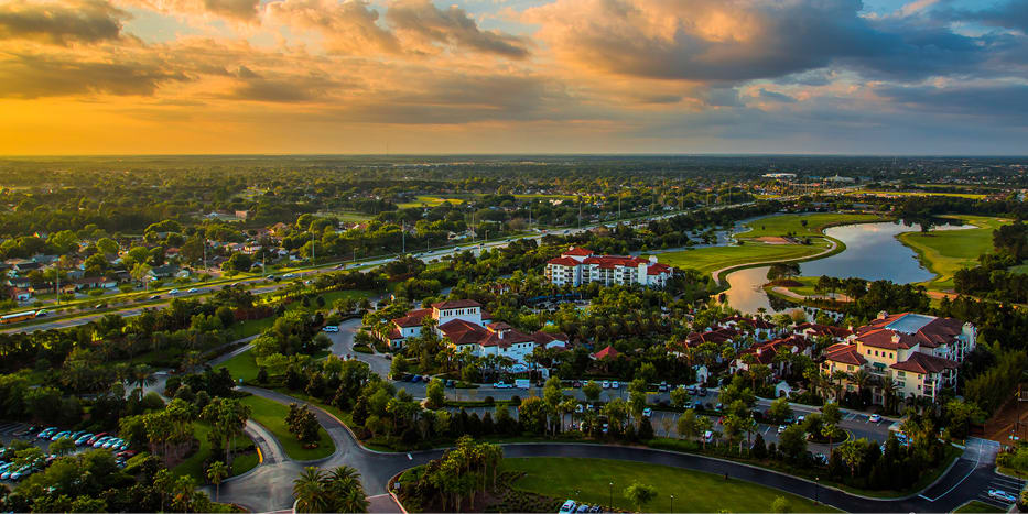 overhead view of a neighborhood with swamp land