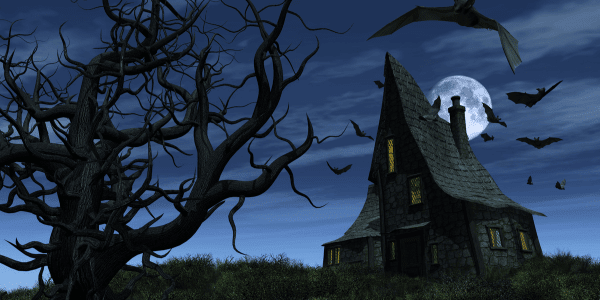 haunted house in united states with scary tree and bats