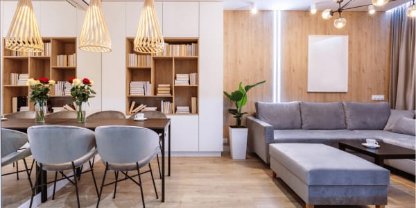 modern dining and living room with vinyl flooring