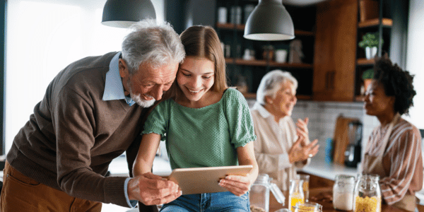 Happy multigeneration family with husband, wife, children, grandfather and grandmother