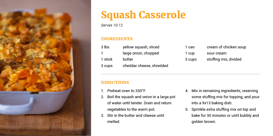 Yellow squash casserole in white baking dish
