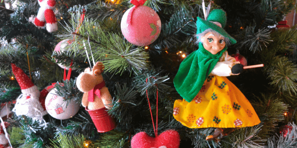 La Befana ornament hanging on Christmas tree