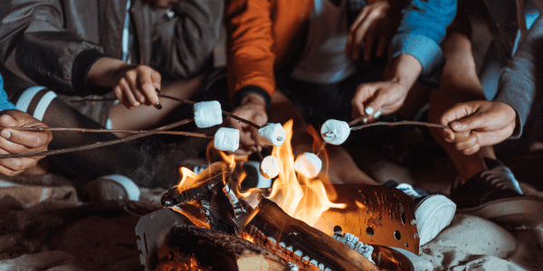 friends roasting marshmallows over winter bonfire