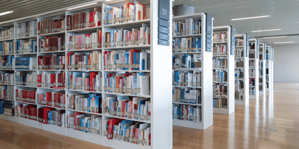 shelves of books at modern local library