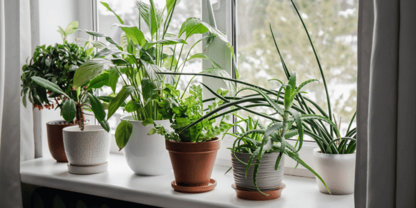 Lot of houseplants growing on window sill. 