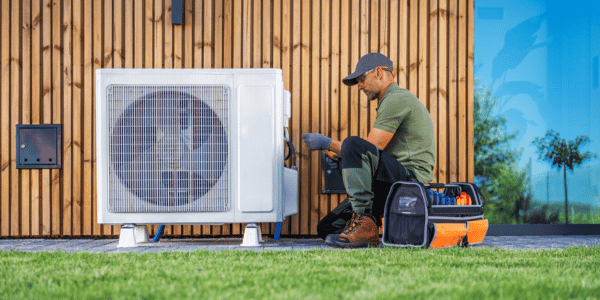 Technician Performing Maintenance on Air Conditioning Unit in Residential Garden