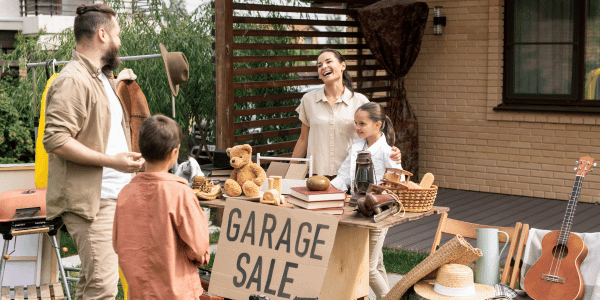 Mother and daughter selling old toys at garage sale