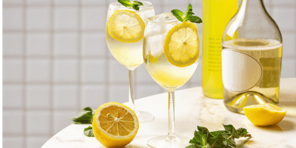 two limoncello spritzes in wine glasses