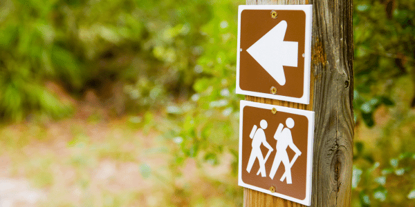sign and arrow on hiking trail in woods