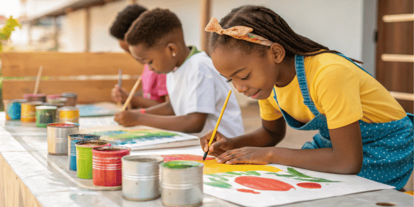 three children painting homemade gift for teacher