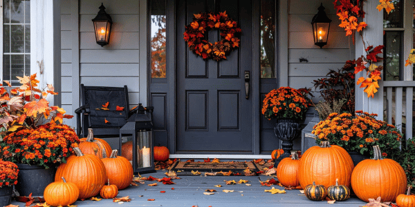 front porch decorated with fall mum flowers