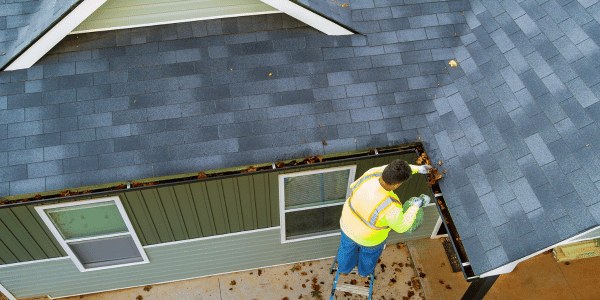 man cleaning out gutters for good gutter maintenance