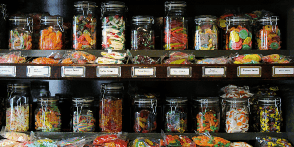 jars of vintage candy in retro candy store