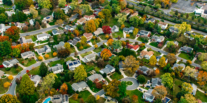 Aerial view of neighborhood during fall