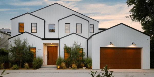 white contemporary home at dusk