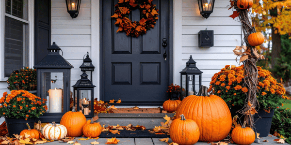 fresh fall pumpkins on porch