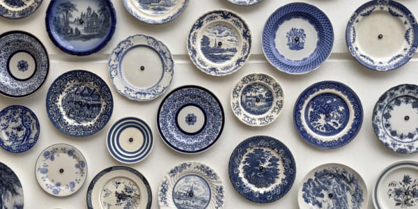 aerial view of blue and white fine china plates
