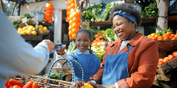 Woman, child at farmers market talking to customer on Small Business Saturday