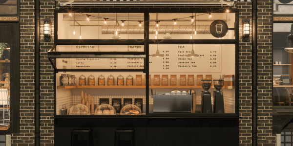 Front View Of Take-Away Coffee Shop With Black Stools At Night