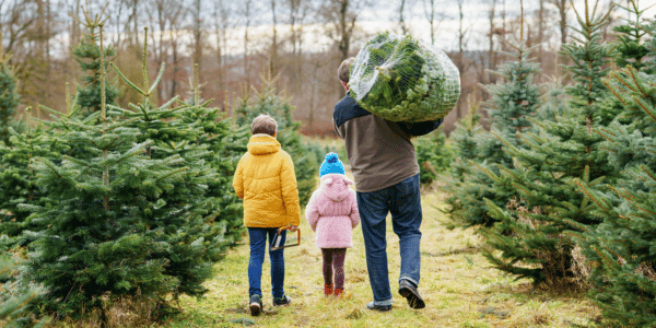 Happy family, man and two children with Christmas tree