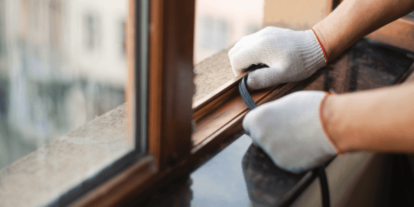 man weatherstripping window