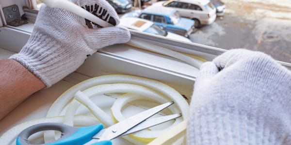 man insulates window with weatherstripping