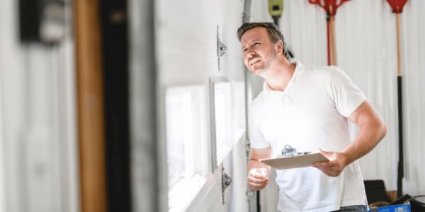 man inspecting garage door for weatherstripping
