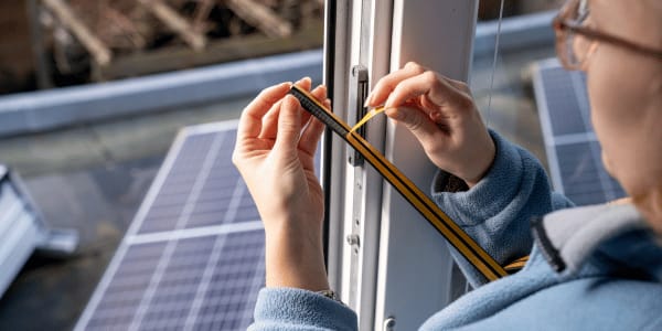 woman installing weatherstripping for window
