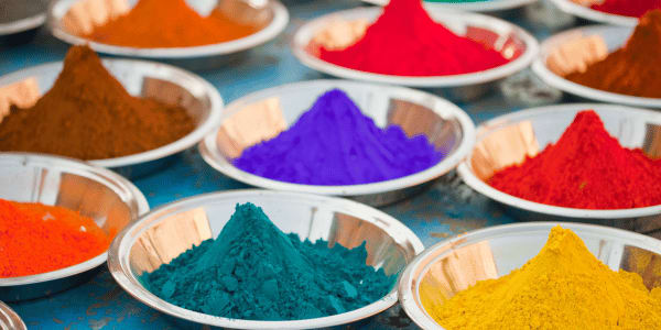 bowls of Indian powder colors for Holi