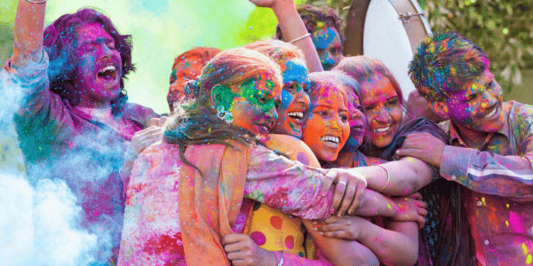 group of friends celebrating Holi festival