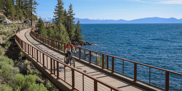 cyclist on bike route around Lake Tahoe Loop