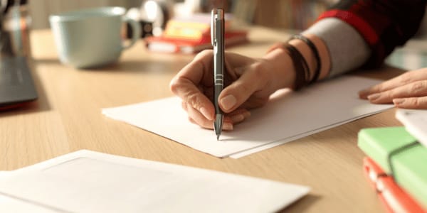 woman handwriting a letter as a rainy day activity