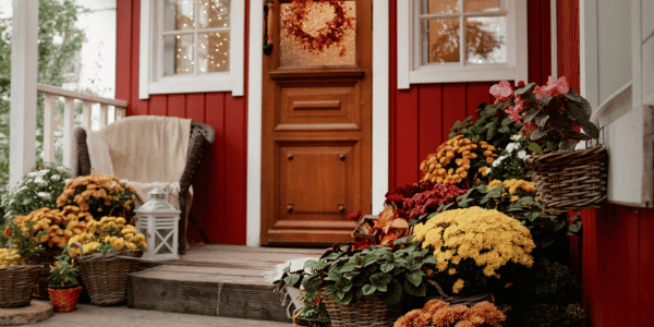 front porch decorated for fall