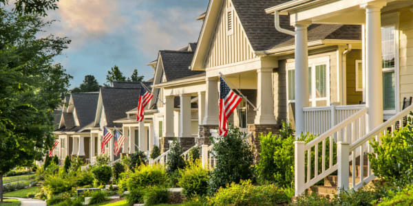 patriotic neighborhood flying American Flags on Flag Day