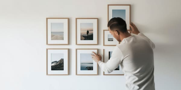 many hanging pictures on wall