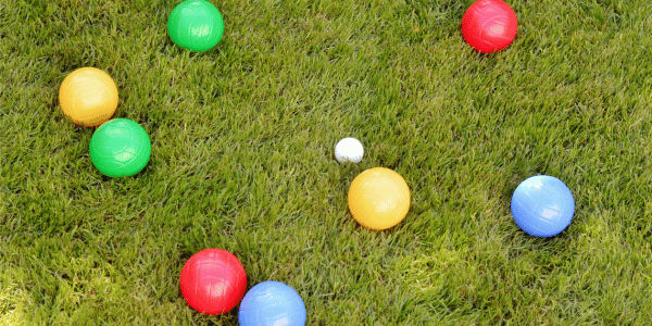 aerial view of bocce ball game in backyard