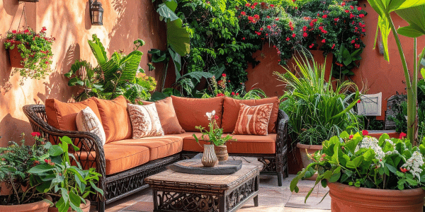beautiful outdoor sectional with rust-colored cushions on plant-filled patio.
