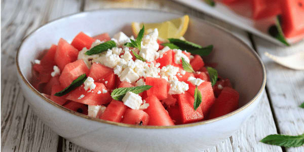 watermelon feta salad in bowl
