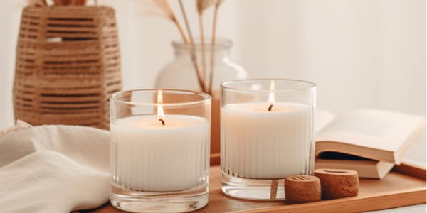 two white candles on a table