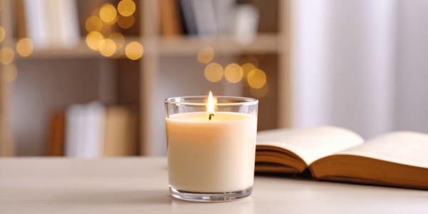 white lit candle on table