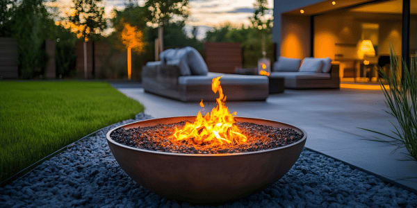 backyard fire pit on patio behind modern home